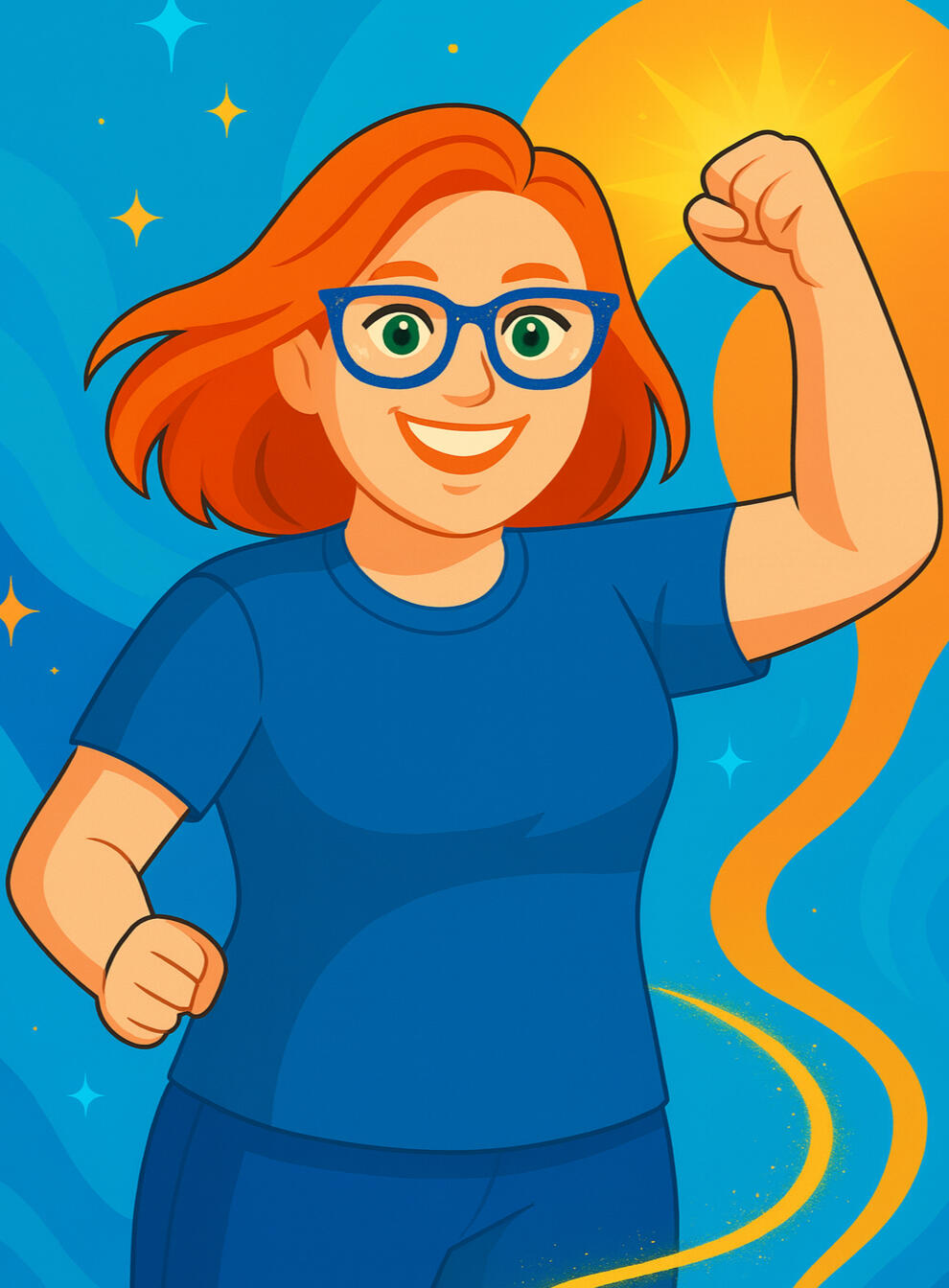 Beyond The Bell Curve Coaching Laura with one arm raised in excitement.