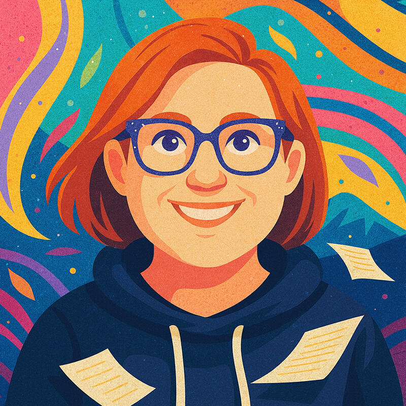 A very colorful illustration of Laura Colter smiling.