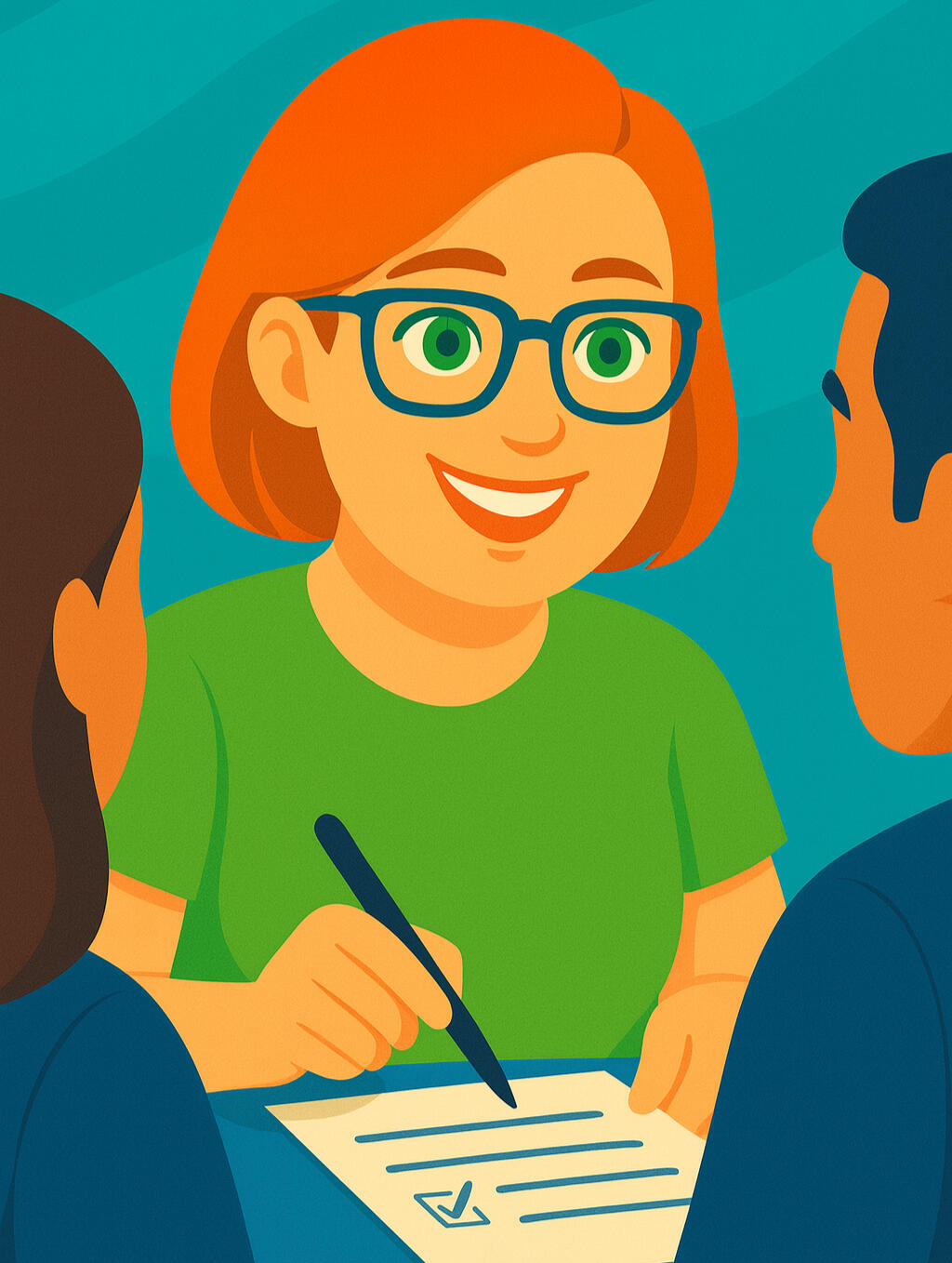 An illustration of Laura Colter smiling, showing a checklist to parents.