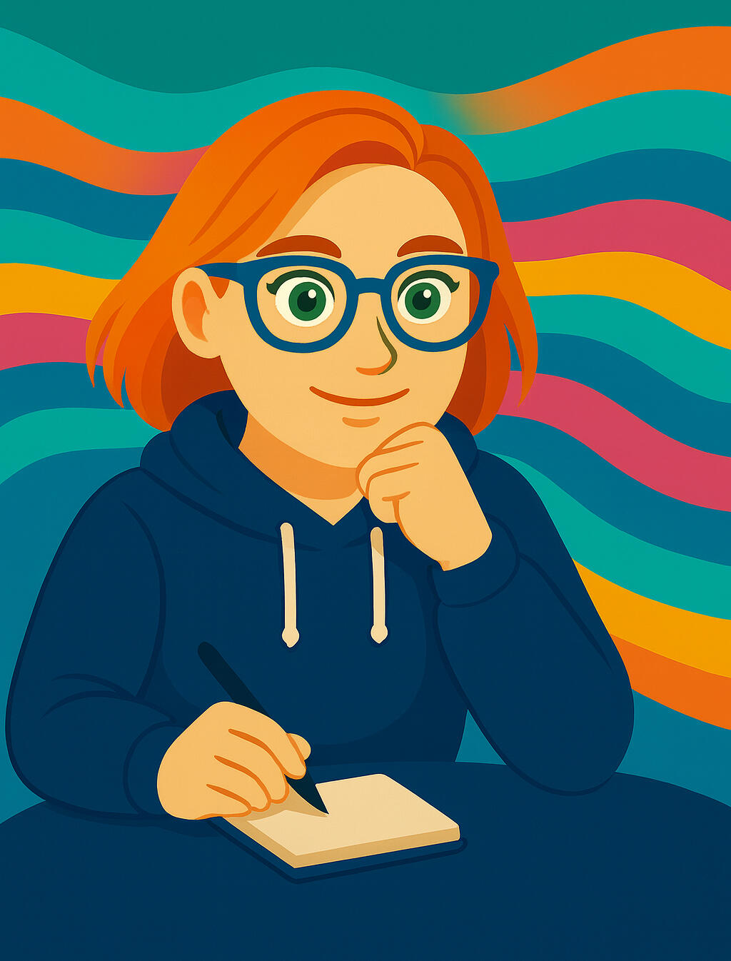 An illustration of Laura focused writing on a notepad.
